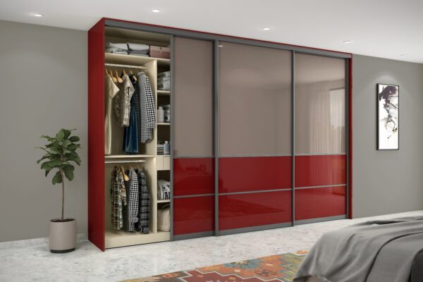 customised built in red sliding door wardrobe